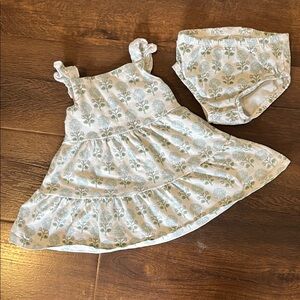 Baby Girl Floral Tiered Dress with Bloomers - Light Blue & Green